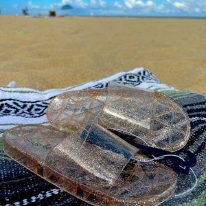 Gold Sparkle Clear Slip On Slide Sandals Size 7